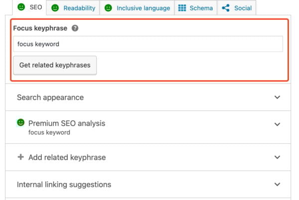 the Yoast SEO input field for the focus keyphrase in the post editor meta box
