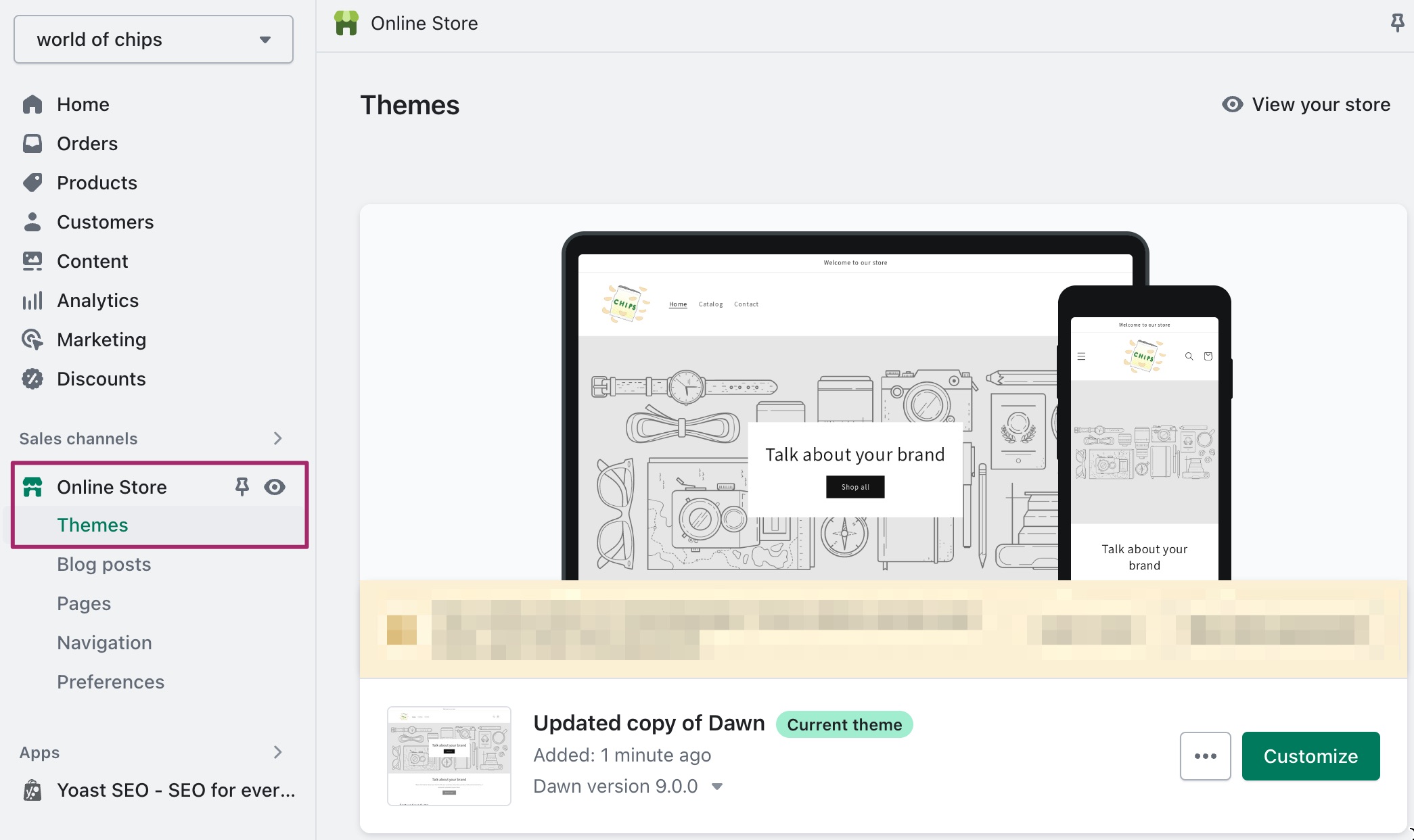 screenshot of the Shopify admin, highlighting the menu options Online Store > Themes